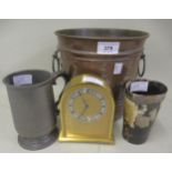 Antique silver mounted horn beaker, small gilt brass mantel clock, copper ice bucket and an