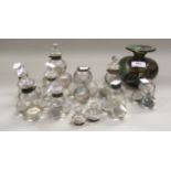 Group of nine various glass ball form inkwells, the tallest 13cms, one lid lacking, together with an