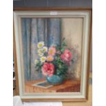 Mary Remington, oil on board, still life, flowers in a vase, bears Mall Gallery label verso, framed,