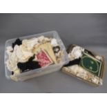 Box containing a quantity of various table linen, lace and crochet work etc, and a box of various