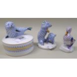 Herend porcelain box and cover, the cover mounted with a figure of a sea lion, with original box and