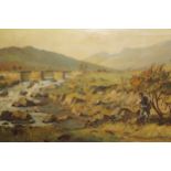 A. Godwin, oil on canvas, river landscape with a stone bridge and shepherd with flock to the