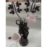 Late 20th Century bronzed figural lamp base with etched and pink glass shades, 76cm high (at fault)
