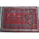 Modern Afghan Belouch prayer rug, 101cms x 75cms, together with another similar, 110cms x 64cms
