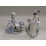 Lladro figure of a girl wearing a bonnet standing beside a column, in original box, together with