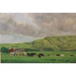 J. Simpson, oil on canvas, cattle in a hilly landscape, 76cms square approximately, unframed