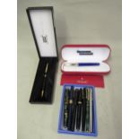 Mont Blanc ballpoint pen in original box, together with a boxed Sheaffer fountain pen and seven
