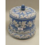 19th Century blue Jasperware stilton cover and stand, probably Tunstall, unmarked