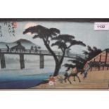 Collection of five framed reproductions of Japanese woodblock prints, various scenes of figures in