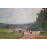 J. Simpson, oil on canvas, view of a rural level crossing, 51cms x 61cms, framed together with six