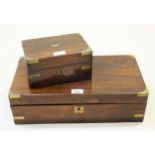 19th Century rosewood and brass bound fold-over writing box, together with a similar smaller