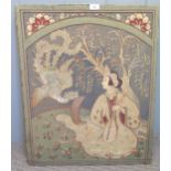 Arts and Crafts style silk needlework panel on coloured linen of a seated lady holding a mandolin