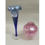 Okra art glass vase with iridescent decoration, 26cm high, together with a pink baluster art glass