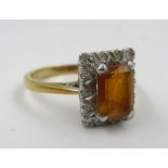 18ct Yellow gold rectangular fire opal and diamond cluster ring, size K, 3g