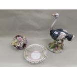 Large modern Italian pottery figure of an ostrich, Royal Doulton floral encrusted table centre