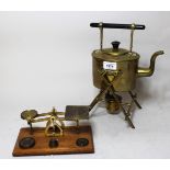 Brass spirit kettle on stand with burner, having ebonised handle, together with a pair of brass