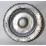 Circular pewter shallow bowl inscribed VR, 43cm diameter