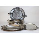 Continental silvered pewter oval two handled fruit stand with relief decoration of oak leaves,