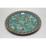 Japanese circular cloisonne wall charger decorated with birds and foliage, 36in diameter