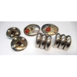 Two pairs of clip on silver earrings set with pearls and various stones, together with another