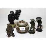 Japanese cloisonne covered pot, reproduction Indian brass spice box, pair of small bronze figures,