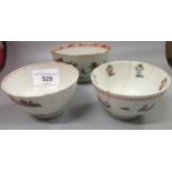 Small Chinese famille rose bowl, 11cms diameter, together with two similar tea bowls (at fault)