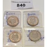 Collection of four Queen Victoria silver sixpences dated 1838, 1869 and two from 1887