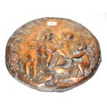 19th Century French embossed copper furniture mount wall plaque, cherubs readying for war, signed