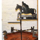 20th Century wrought iron weather vane with horse and rider surmount, 76 x 61cm