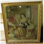 19th Century needlework picture, figures in an interior, in an ornate gilt frame, 83cms x 70cms
