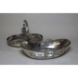 English pewter oval fruit dish, No. 0535, 26cm wide together with a similar oval dish with loop