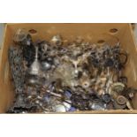 Two boxes containing a large quantity of metal and silver plated epergne bases, together with a