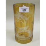 Bohemian oval amber overlaid clear glass vase etched with a bird in a woodland scene, 22cm high