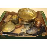Quantity of various copper, brass and other metalware including an antimony tray, chestnut