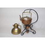 Benham and Froud beaten copper and wrought iron spirit kettle on stand, together with another