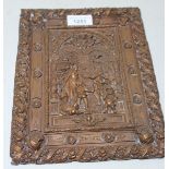 Rectangular embossed copper plaque depicting figures, 25cm x 19cm One split to left corner. Holes in