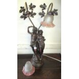 Late 20th Century bronzed figural lamp base with etched and pink glass shades, 76cm high (at fault)