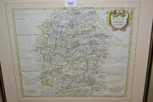 Robert Morden, antique hand coloured map of Wiltshire, 34 x 41cm, framed