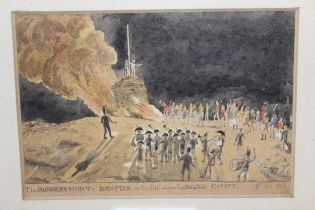 Miniature early 19th Century watercolour, ' The Bobbery-Hunt's Bonfire on the Hill above Lowjee