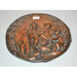 19th Century French embossed copper furniture mount wall plaque, cherubs readying for war, signed