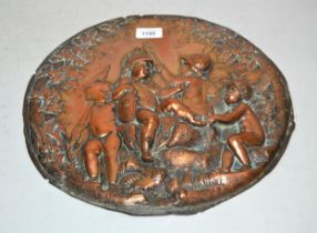 19th Century French embossed copper furniture mount wall plaque, cherubs readying for war, signed