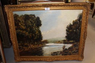 John William Buxton Knight, oil on canvas, river landscape with a fisherman, signed, 47.5 x 61cm, in