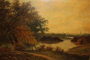 J. Clark, oil on canvas, river landscape with distant city, signed, 51 x 76cm, gilt framed