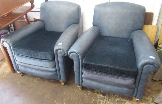Pair of early to mid 20th Century blue vinyl upholstered club type armchairs on bun feet, with later
