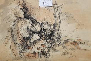 Zamy Steynovitz, ink and watercolour wash, stylised figure in a landscape, signed and inscribed to