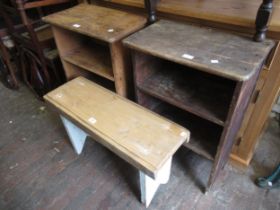 Pine milking type stool and two open stained pine shelf units (at fault)
