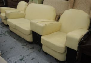 Art Deco ebonised and cream leather upholstered three piece sitting room suite comprising: two