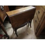 Small Edwardian mahogany and satinwood crossbanded drop-leaf Sutherland table, together with a
