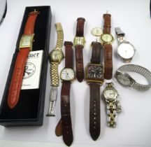 Elgin gold plated cushion cased wristwatch (at fault), together with a quantity of other