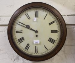 20th Century oak wall clock, the circular painted dial with Roman numerals and single train fusee